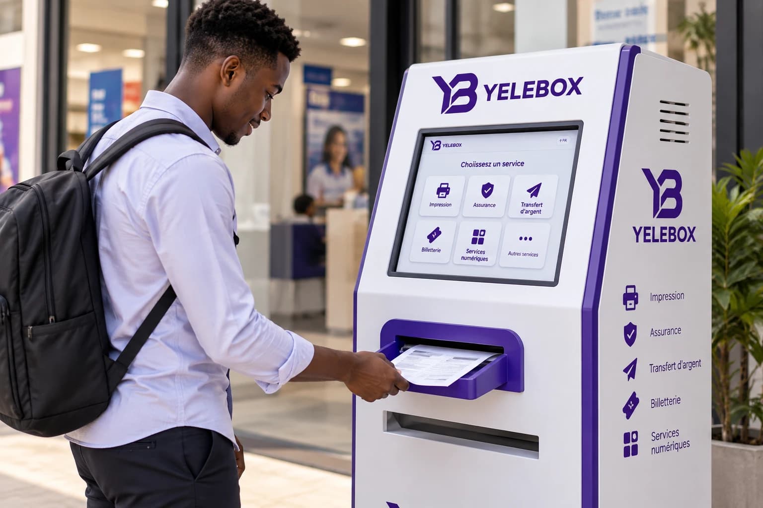 Un utilisateur retire un document imprimé sur une borne autonome multiservice Yele Box, dont l'écran tactile affiche les services disponibles.