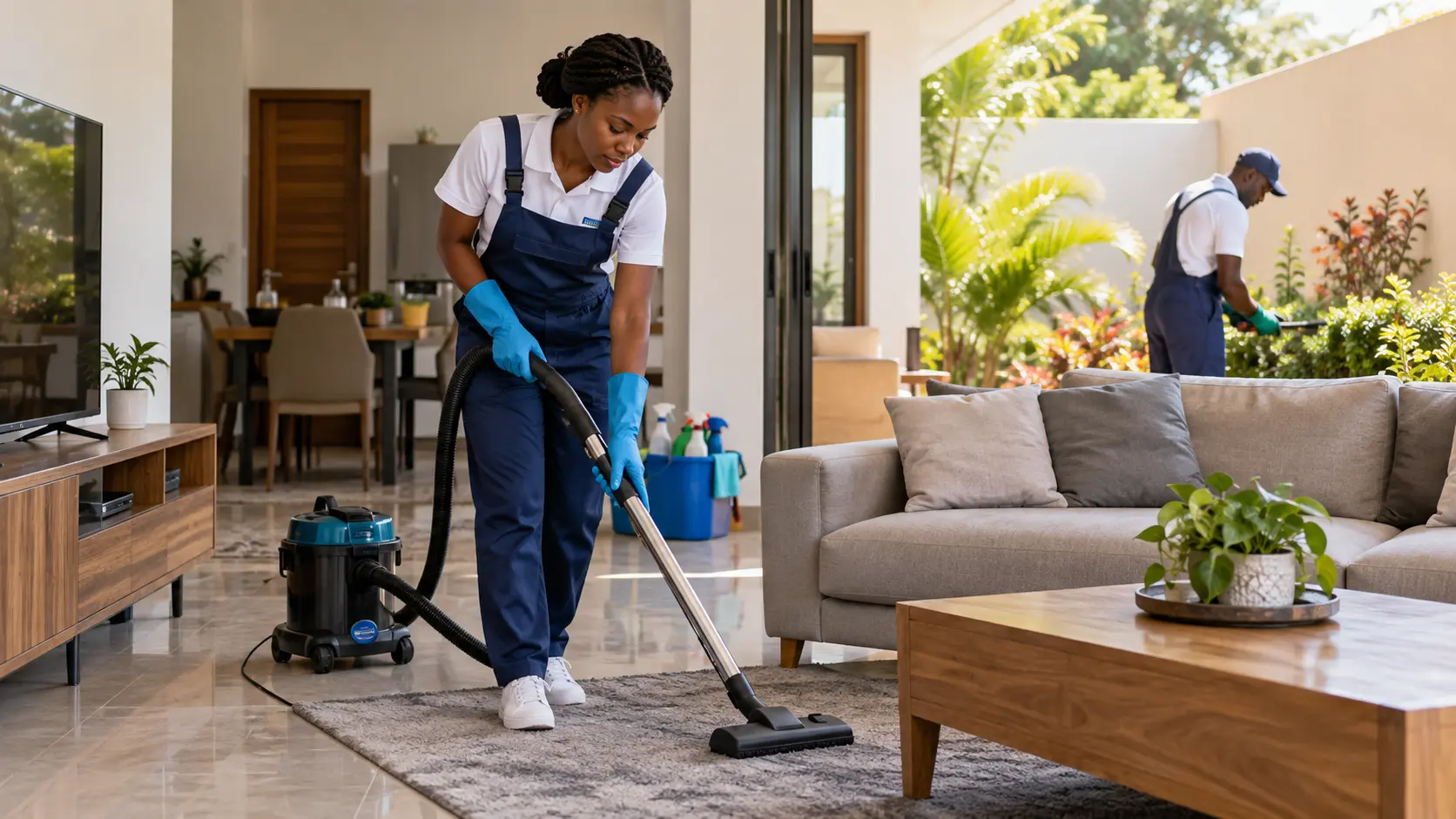 Une professionnelle Yele Pro passe l'aspirateur dans un salon pendant qu'un collègue entretient le jardin en arrière-plan, illustrant les services de nettoyage et de jardinage.
